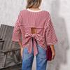 Neues gestreiftes Rundhals-Strickoberteil für Damen mit Schleife am Rücken für die Freizeit