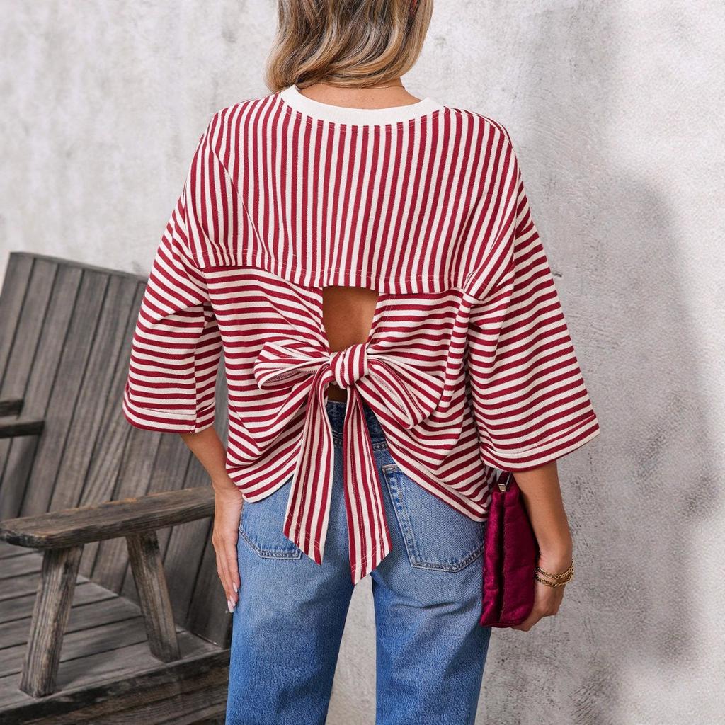 Neues gestreiftes Rundhals-Strickoberteil für Damen mit Schleife am Rücken für die Freizeit
