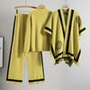 Winter suit design sense color matching long-sleeved versatile high-waisted wide-leg pants sweater knitted cardigan three-piece set women