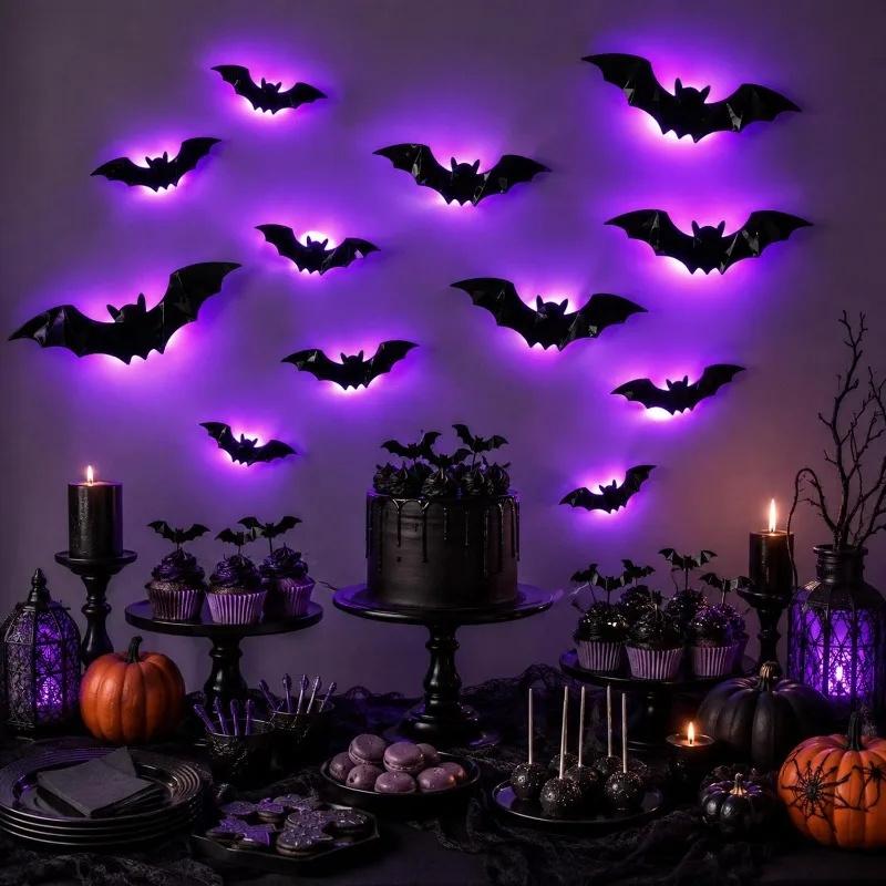 12Pcs Halloween Bats Wall Decor,Lighted 3D Bats Wall Stickers,PVC Halloween Decor for Indoor Outdoor Home Window Party Supplies
