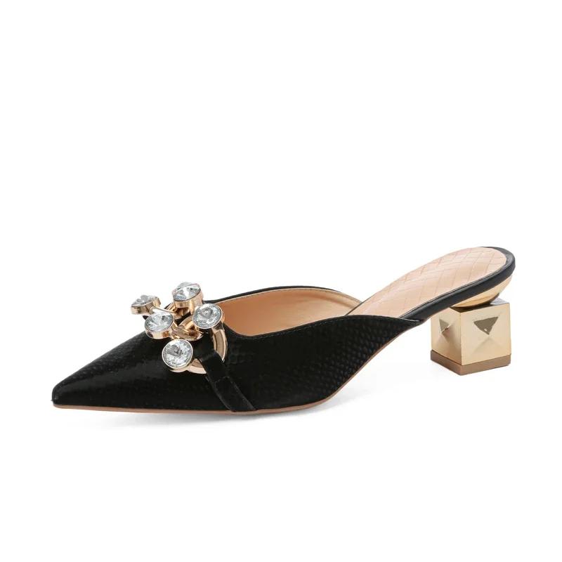 Women's Shoes On Sale 2024 Brand Autumn Women's Slippers Pointed Toe Metal Decoration Brilliant Diamond Chunky Heels Shoes Women