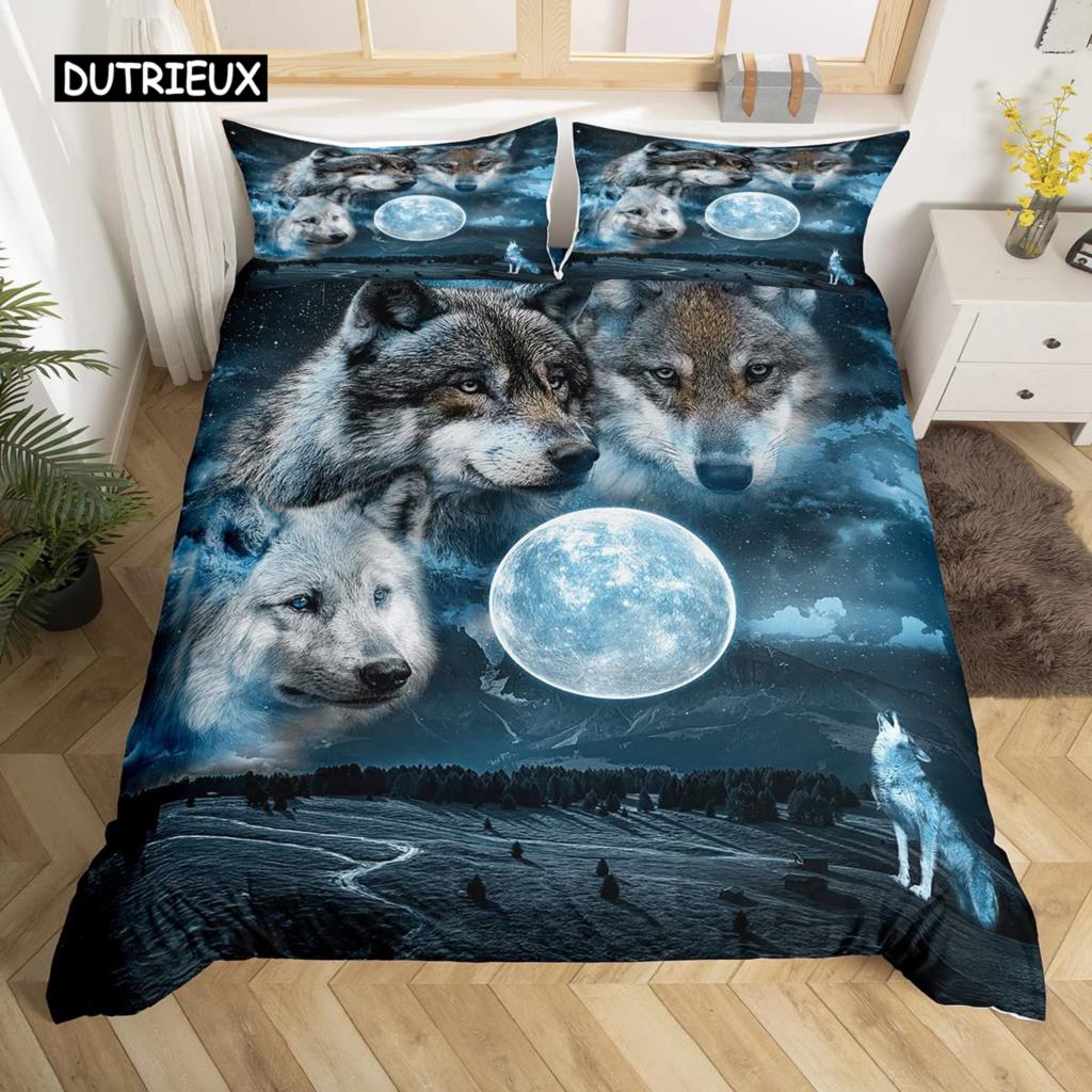 

Комплект постельного белья с изображением волка, комплект постельного белья Queen для детей и подростков из микрофибры с изображением животных, комплект постельного белья с рисунком снежного волка и принтом диких животных EU single(135x200cm)