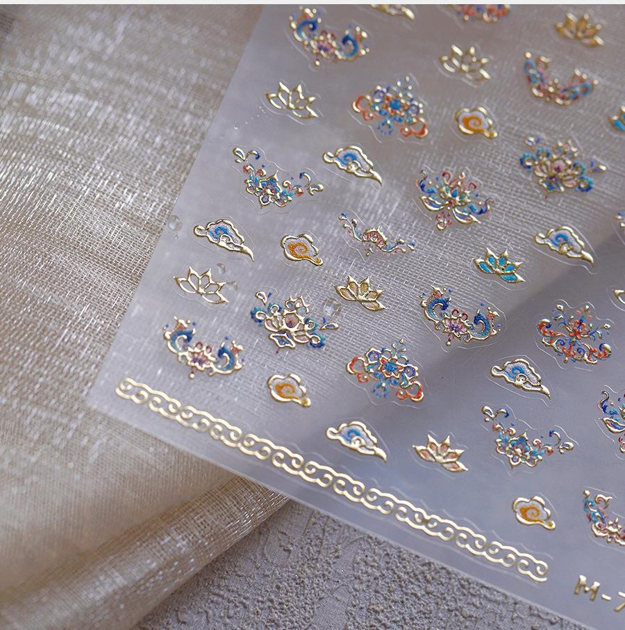5D Floral Pattern Totems Vintage Gold Lotus Auspicious Colored Cloud Nail Art Sticker Chinese Self Adhesive Manicure Decal