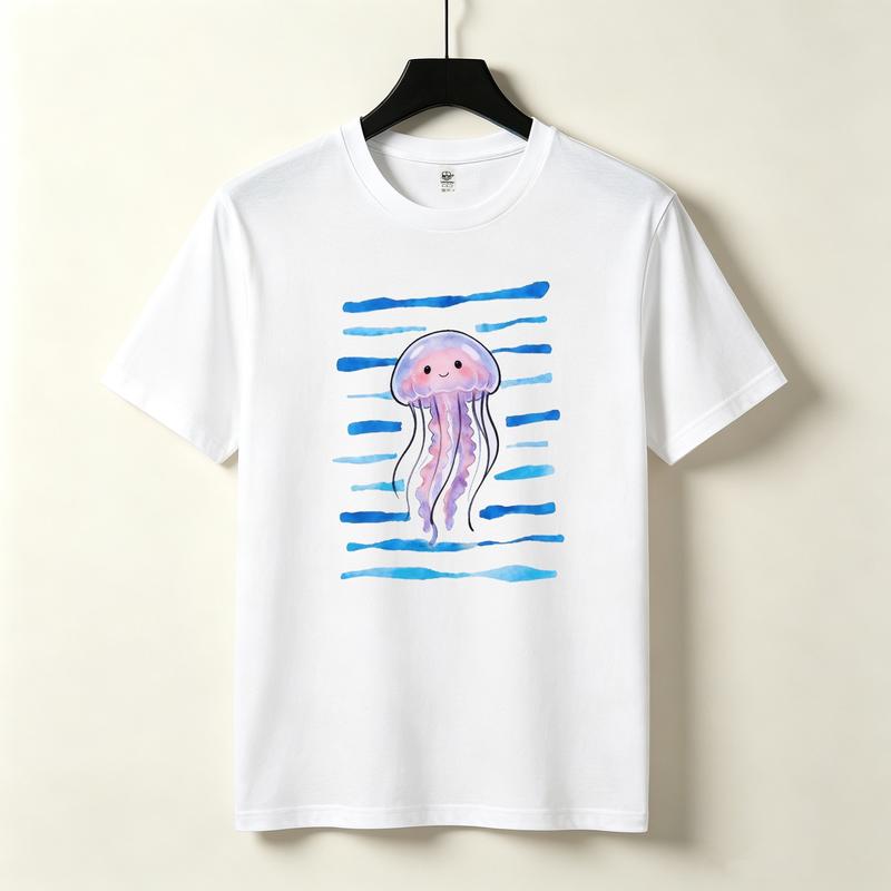 Cute Watercolor Jellyfish T Shirt Blue Water Horizontal Stripes Print Soft Cotton Short Sleeve Unisex Unisex Ocean Style Casual Tee