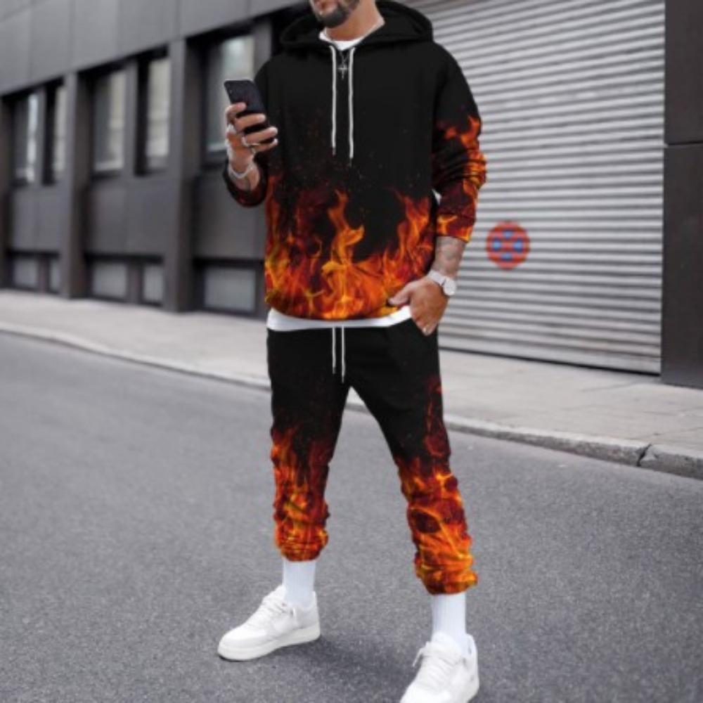 Fashion Flame 3D Print Hoodie Pant Sets Men Casual Hip-hop Sweatshirts Sweatpants Two Piece Suits Tracksuit Man Street Clothing