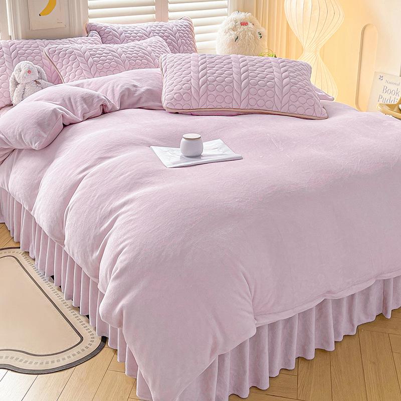 Thickened bed four-piece set milk fleece solid color bed skirt crystal fleece high gram weight quilt cover student dormitory three-piece set