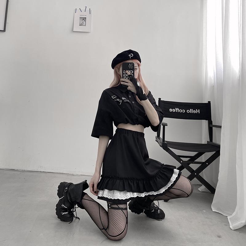 Short Skirt Dark Gothic Female Student A-line Pleated Skirt High Waist Skirt Lace
