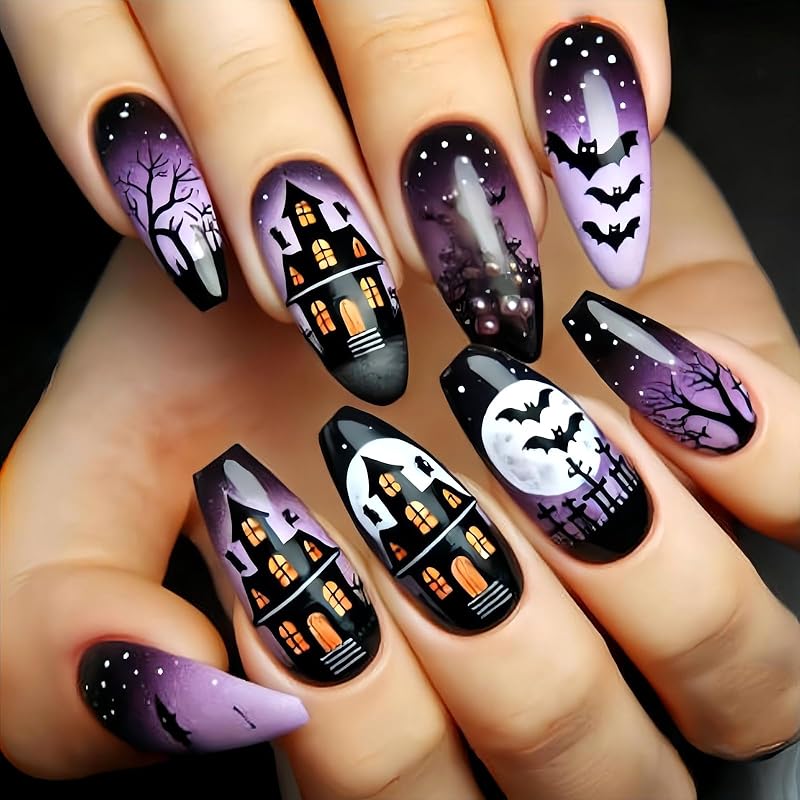 Halloween Press on Nails Short Square Fake Nails with Designs Withered Tree Stick on Nails Bat False Nails Purple Acrylic Nails Moon Artificial Nails Black Purple Nials