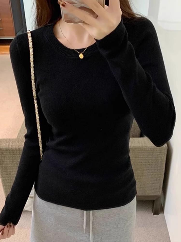 

Серый минималистичный вязаный топ, весенний облегающий и тонкий свитер, женская базовая футболка L чёрный