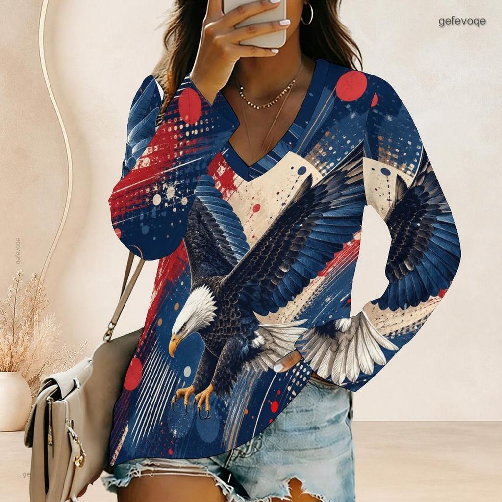 Women Plus Size V Neck Long Sleeve Printed Top Red White Blue Star Striped Curved Hem