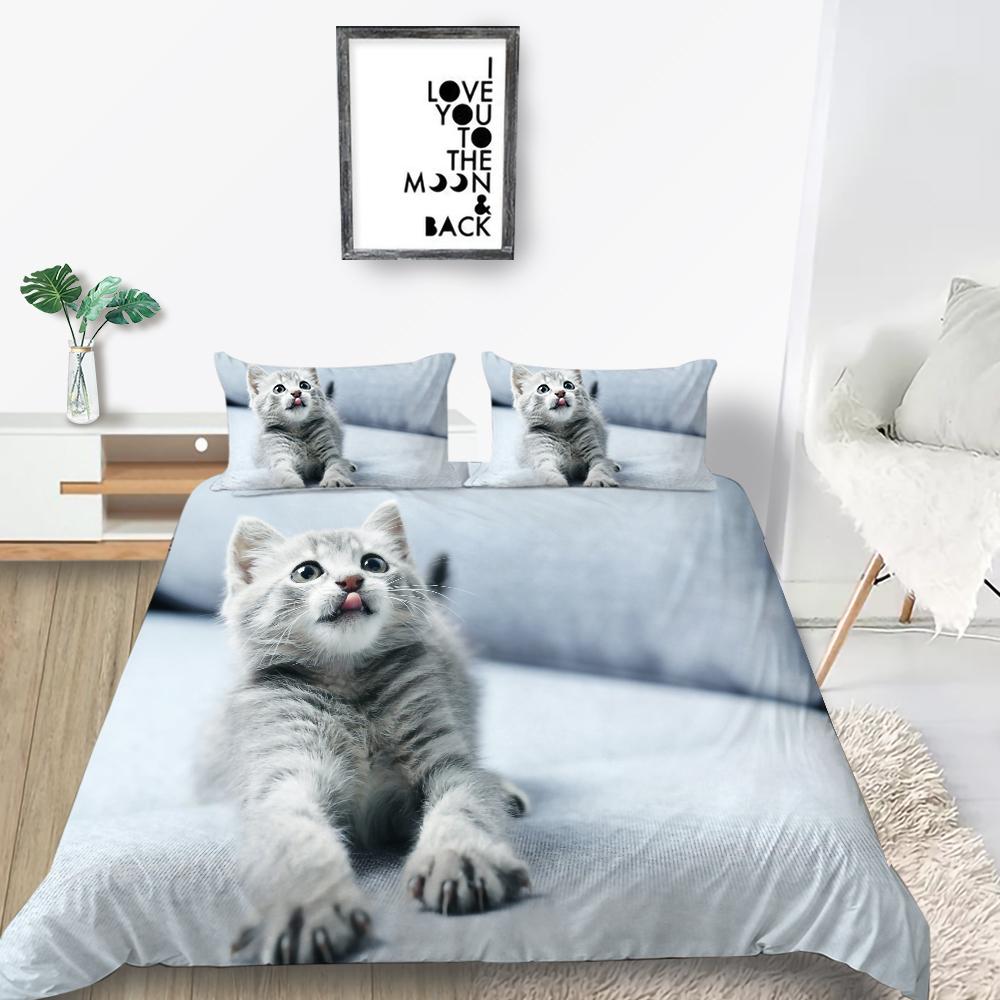 Cat Duvet Cover Set King Size Microfiber Cute Animal Print Girl Teen Kid Comforter Cover Lovely Kitty Series Pattern Bedding Set