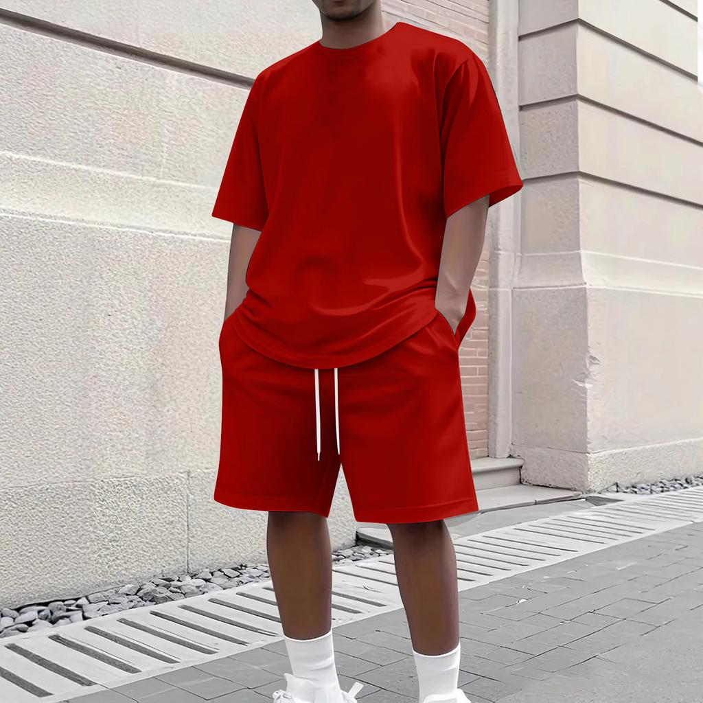 Men's Summer Casual 2-Piece Outfit Round Men's Neck Short Sleeve Tee Shorts Set