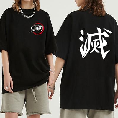 Herren Demon Slayer Kimetsu no Yaiba Anime T-Shirt, Japanischer Druck vorne und hinten, Schwarzes Baumwoll-Streetwear-Shirt für Cosplay