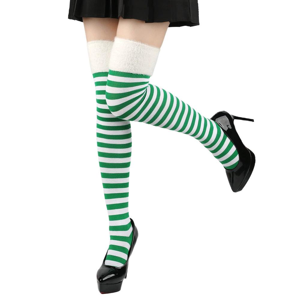 

1 Pair Socks Fashion Striped for Women Girls Christmas Costume Accessories Thigh High Stockings Over the Knee зелёный/белый