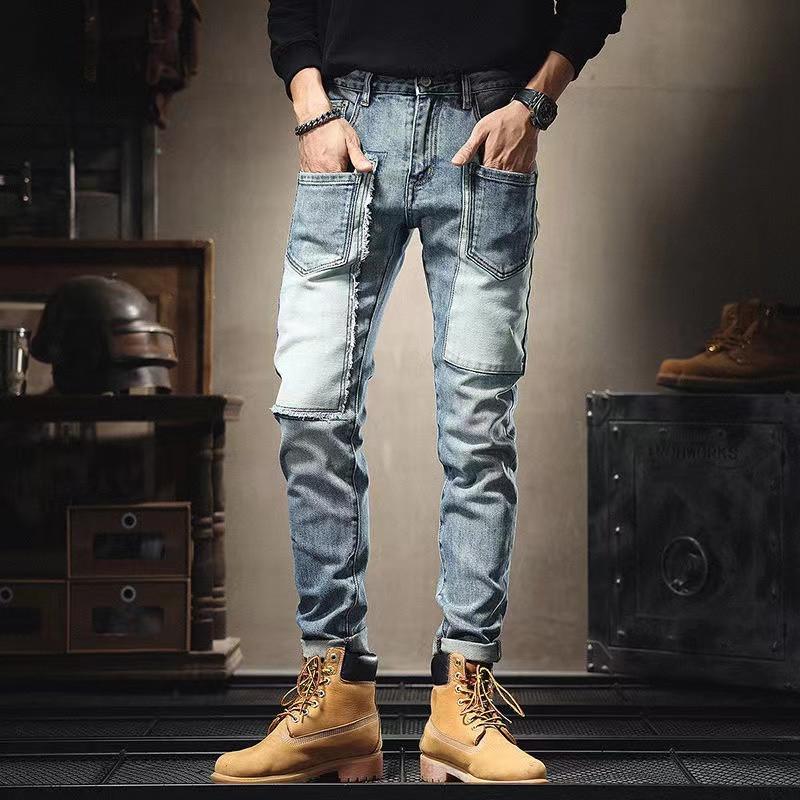 Trendy Brand Patchwork Jeans Men's Personalized Multi-Pocket Trendy Slim Fit Skinny Pants Contrast Color Patch Stretch