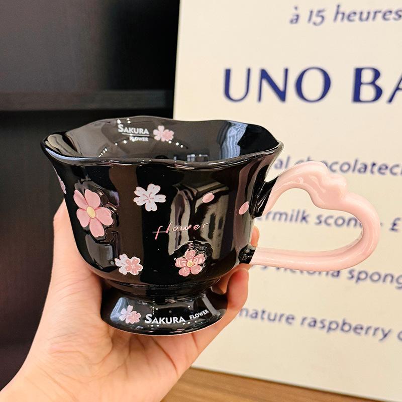 Sakura Relief Ceramic Mug with Spoon Pink Cute High Foot Design for Women Home Use Coffee Cup Souvenir Gift 380ml