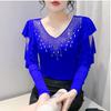 Fashion Spring Autumn Korean Sexy V-neck Hot Diamonds T-shirt Chic Hollow Out Long Sleeve Womens Tees Streetwear Girl Elastic Mesh Top