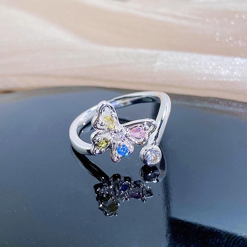 Dopamine Colored Treasure Zircon Butterfly Fishtail Open Ring Niche High-End Sense Light Luxury Personality Stacked Ring