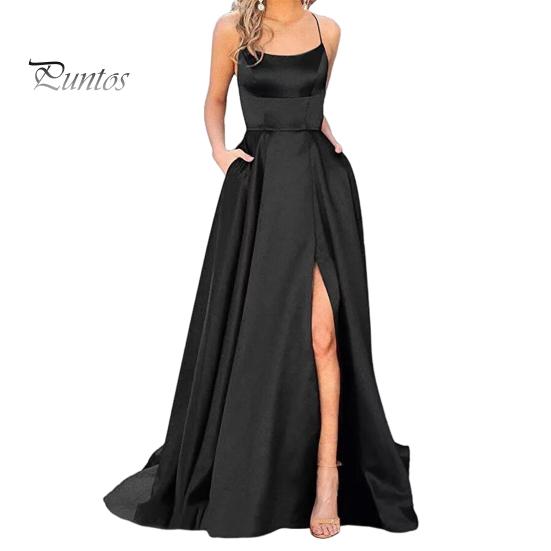 Rochie de seară Curea spaghete Fătură înaltă Umăr fără spate Fără mâneci Buzunare laterale Linie A Lungime la podea Satin Culoare pură Prom Banchet Petrecere Maxi