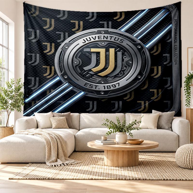 Arazzo da Parete FC Juventus, Appeso a Parete in Tessuto Morbido, Sfondo Decorativo per Camera da Letto, Arte da Parete per la Casa