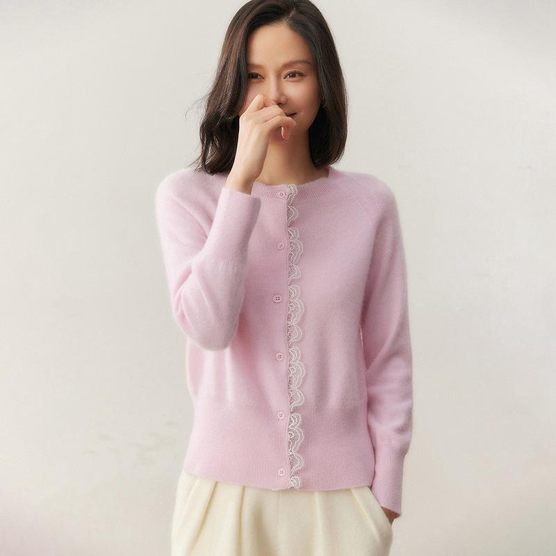 Women's Autumn Cashmere Round Neck Lace Knit Cardigan Sweater - Korean Style, Solid Color, Outerwear Option