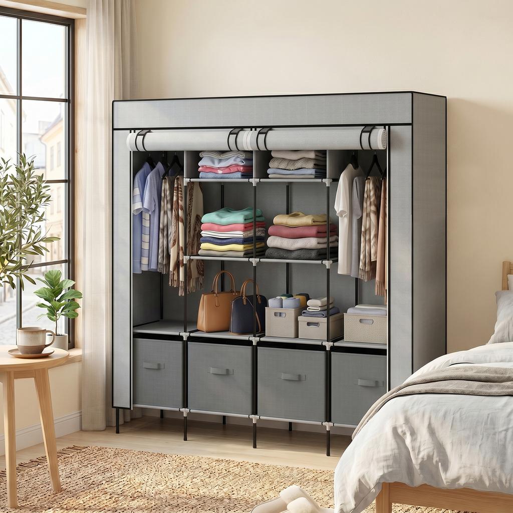 Wardrobe Fabric Wardrobe, Doors, 2 Clothes Rails, 10 Compartments, Grey