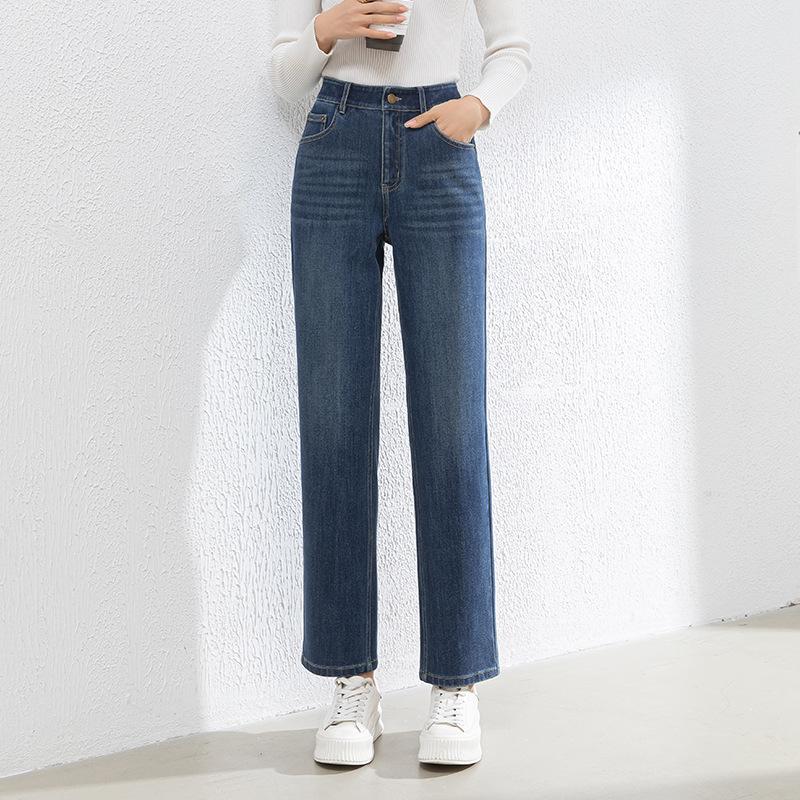 Women's High Rise Straight Leg Jeans Regular Four Way Stretch Denim Cropped Raw Edge Ankle Pants Spring Casual Trousers