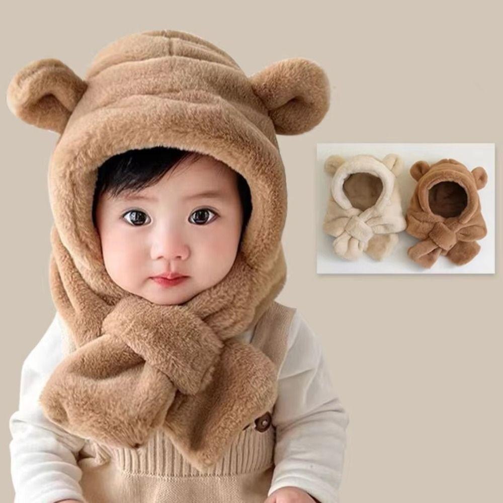 Soft Warm Baby Bear Plush Hat Winter Ear Protection Hats Cute One-Piece Hat Scarf Boy Girls