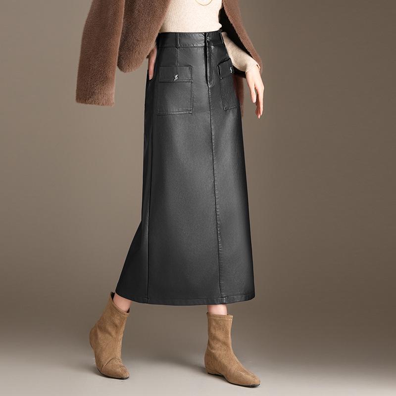 2025 Winter Korean High-Waisted PU Leather Skirt - Plus Size, Mid-Length, Slimming, Versatile, Hip-Hugging Design