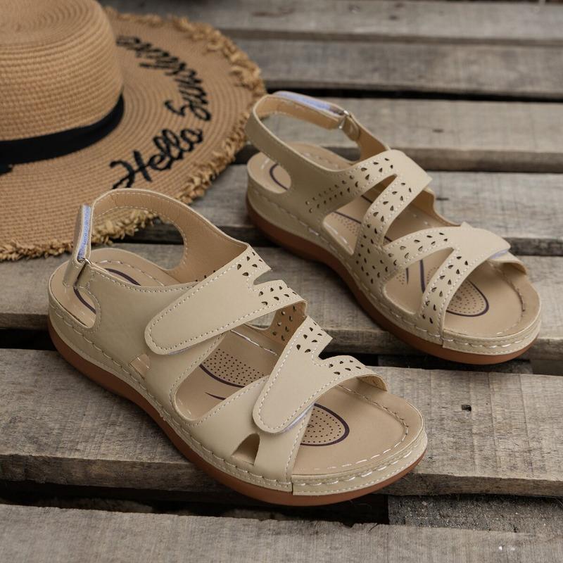 Summer New Sandals Thick Bottom Hollow Slope Heel Velcro Solid Color Breathable Open Toe