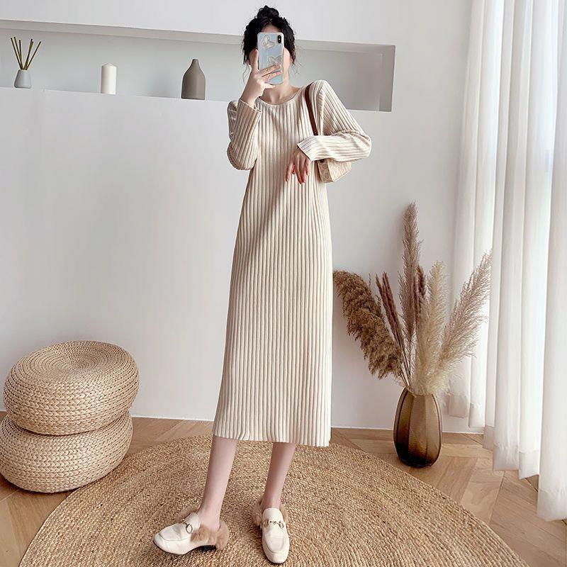 2025 Thickened Warm Knit Dress: Long Sleeve, Round Neck, Over the Knee, Mid-Length