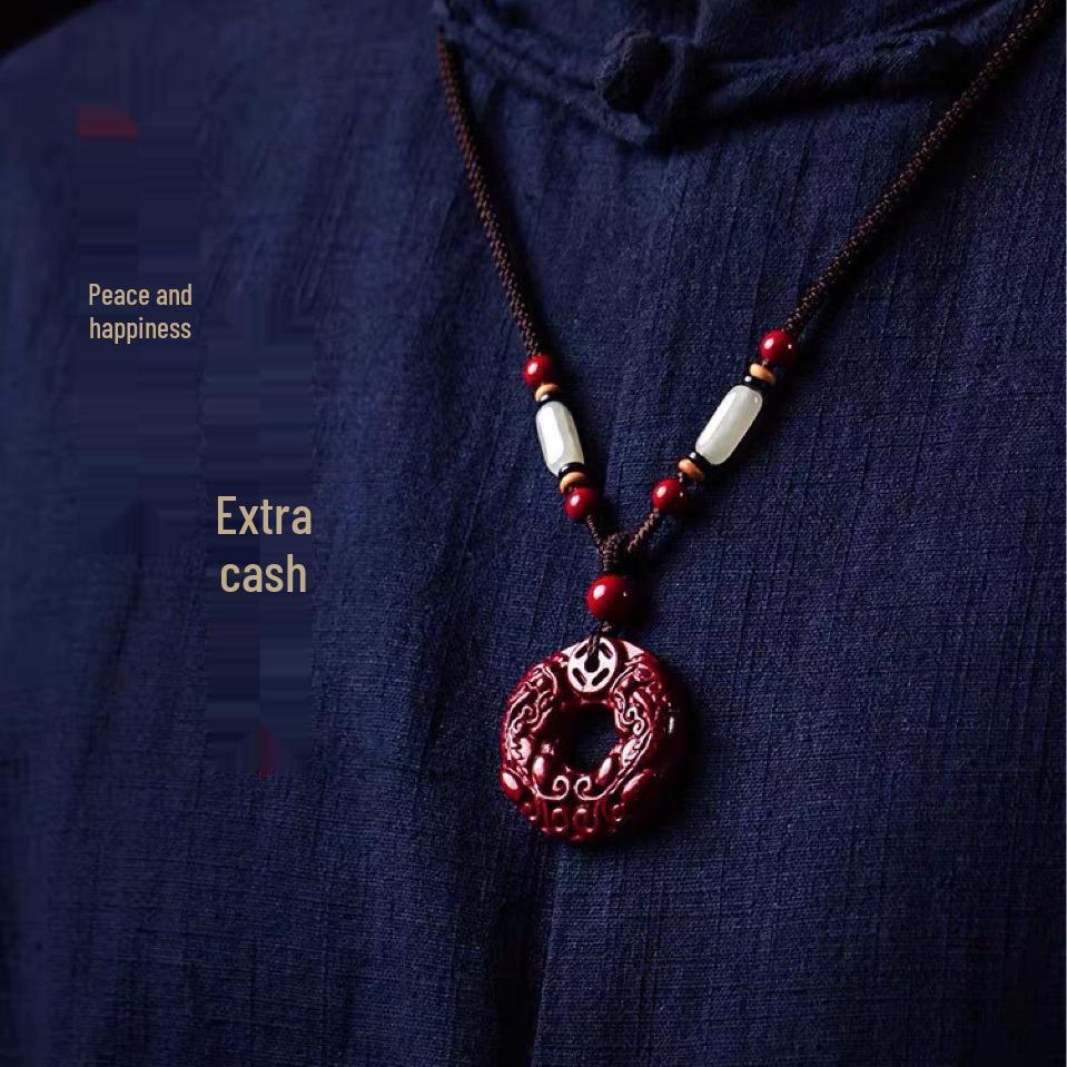 Cinnabar Pixiu Pendant Necklace with Genuine Purple Gold Sand, Hetian Jade, and Safety Buckle. Suitable for Men and Women.