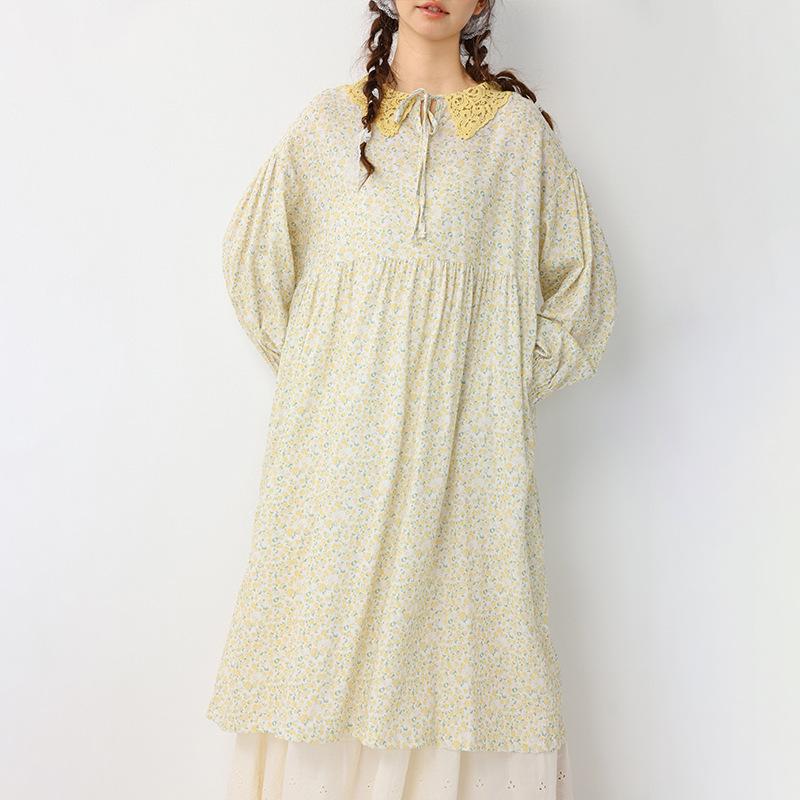 Women's Floral Print Lace-up Doll Collar Cotton Linen Long Sleeve Loose Plus Size Spring Dress