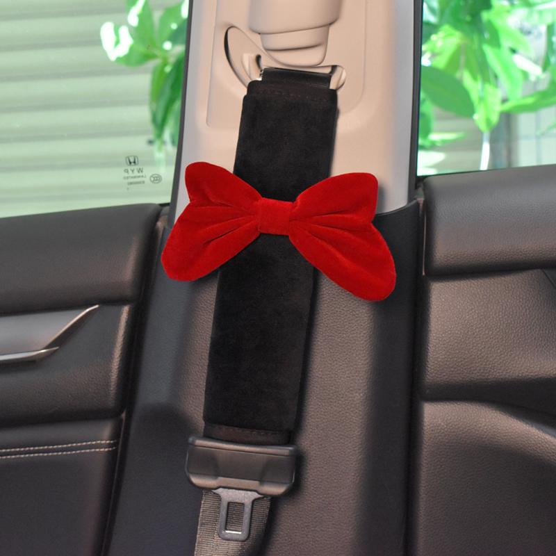 1pc Cute Red Bowknot Universal Car Safety Seat Belt Cover Soft Plush Shoulder Pad Styling Seatbelts Car Mirror Case Accessories