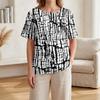 Women Henley Neck Printed Short Sleeve Cotton Linen Shirt with Front Pocket and Button Casual Fit Top