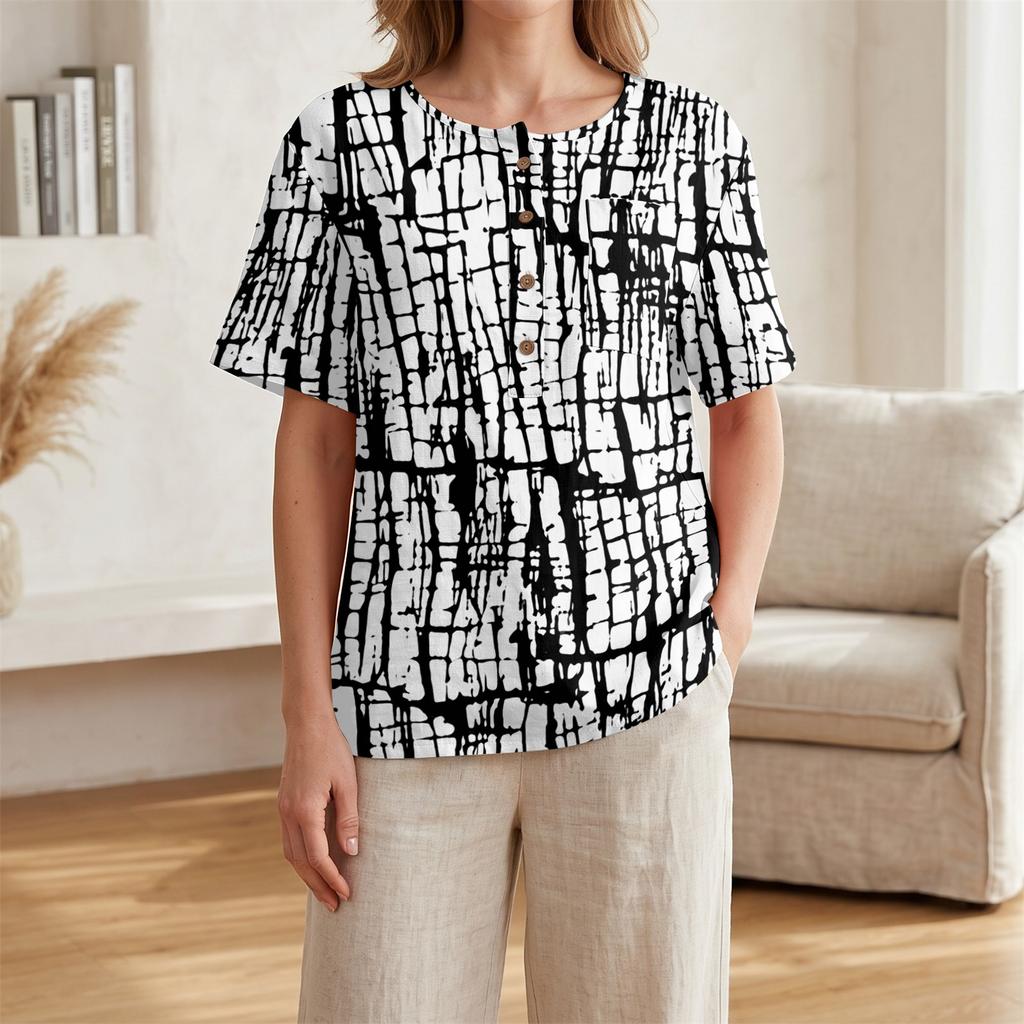 Women Henley Neck Printed Short Sleeve Cotton Linen Shirt with Front Pocket and Button Casual Fit Top