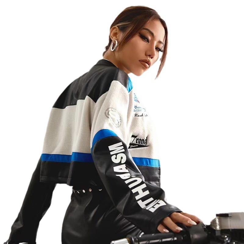Cool tjejig nationell mode Amerikansk retro motorcykeljacka kort jacka för kvinnor ny pu-läder sömnad broderad jacka