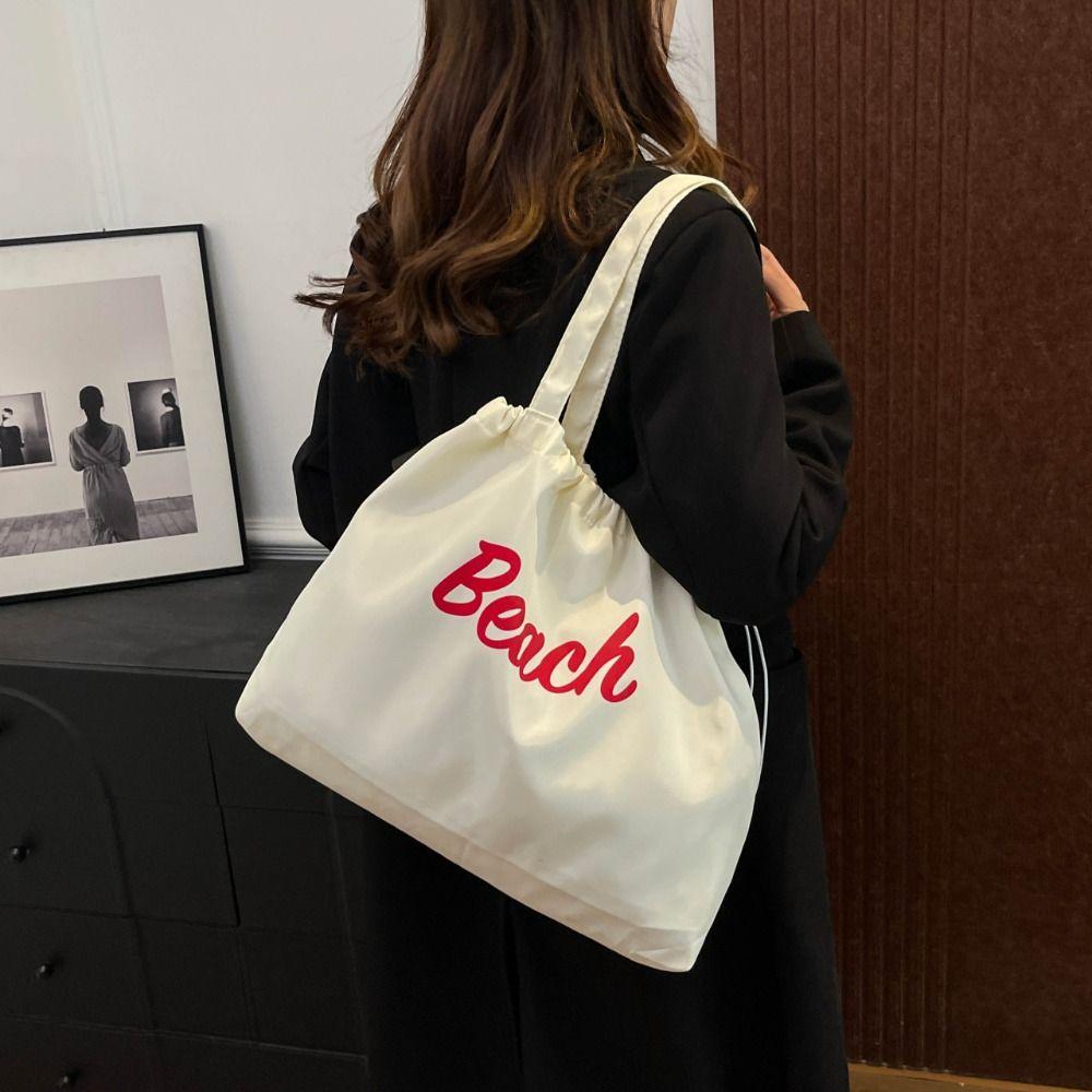 Canvas Nylon Shoulder Bag Korean Style Letter Printed Handbag Casual Drawstring Tote Bag  Work