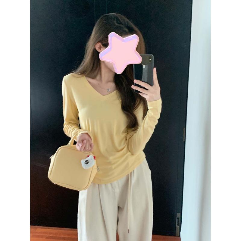 Neck bright yellow thin long-sleeved shirt women's bottoming shirt autumn slim fit pure desire style thin inner basic top