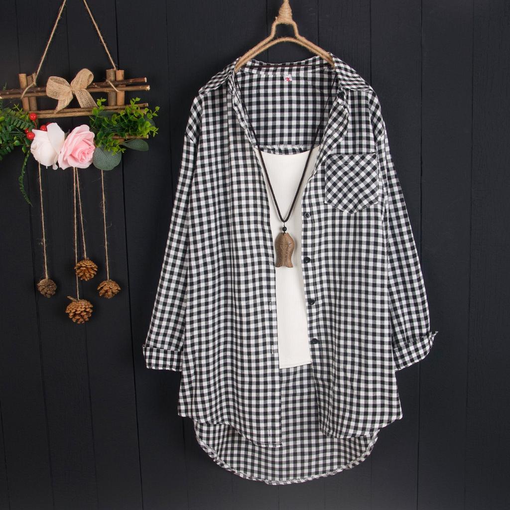 Plaid Shirt for Women Medium To Long Spring and Autumn Thin Jacket Loose Long Sleeved Shirt