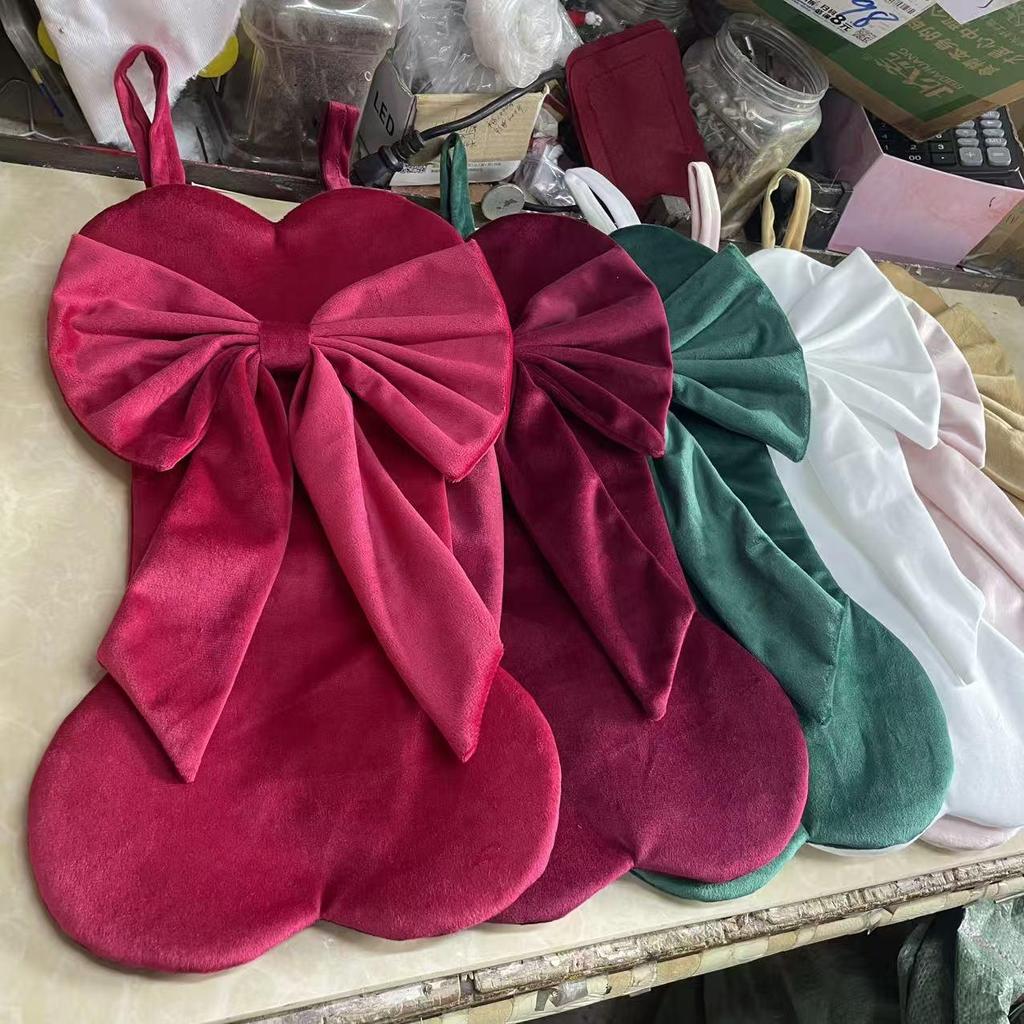 Velvet Christmas Bow Stockings: Festive Fireplace Hanging Gift & Candy Bags