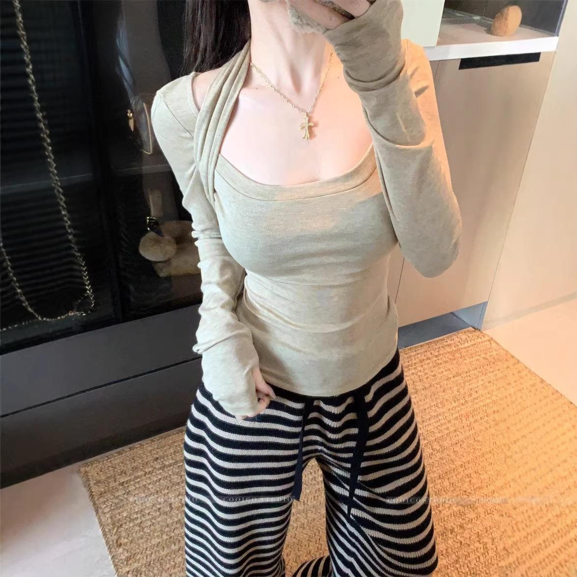 

Sweet & Spicy Patchwork Square Neck Long Sleeve Halter Top - Women s Slim Fit Winter Base Layer S