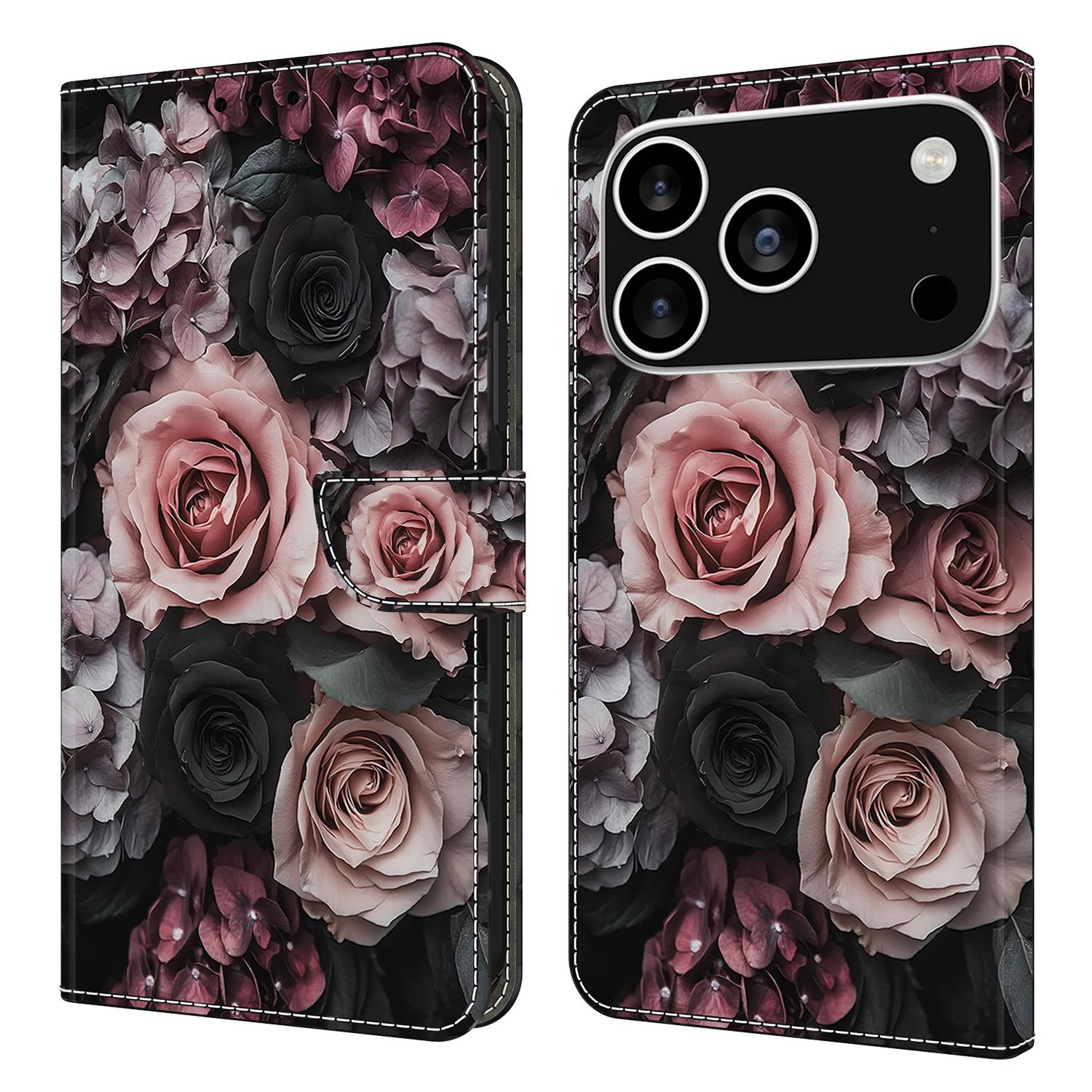 

For iPhone 17 Pro Max Leather Case Pattern Printing Wallet Stand Flip Phone Cover Chinese Rose