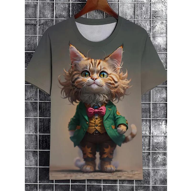 Funny Cat Pattern T-Shirt For Men Personality Animal 3D Printed Vintage Japanese Style T Shirts Summer Short Sleeved Casual Tees