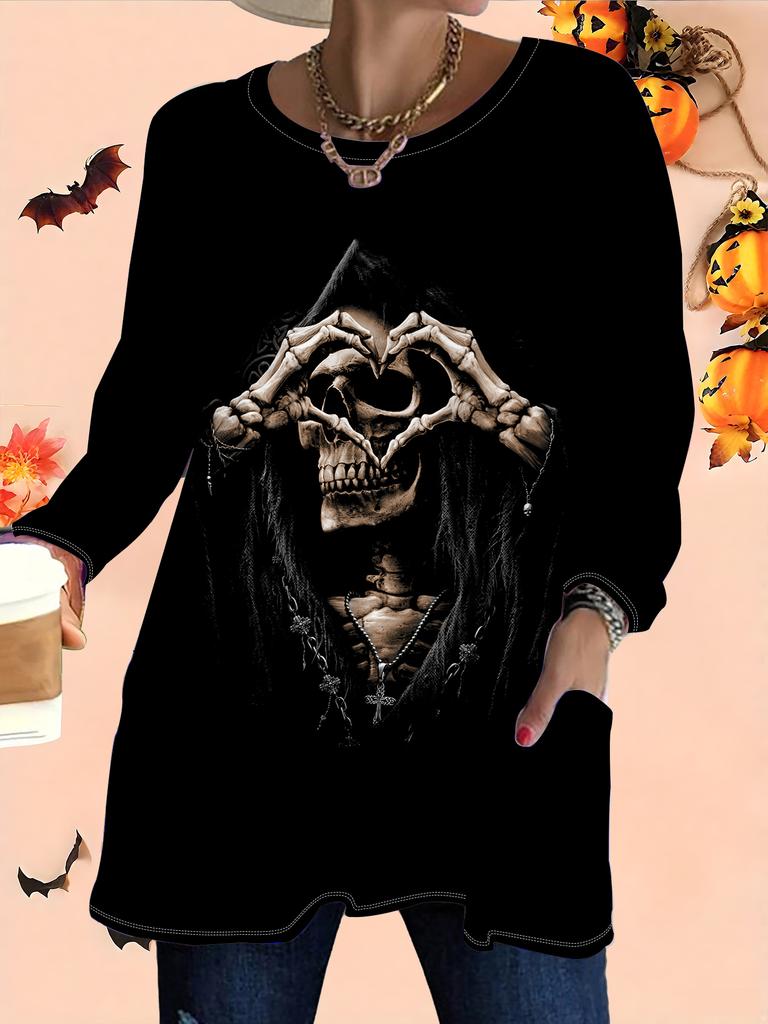 2025 Autumn Winter New Plus Size Women's Tops, Halloween 3D Print Fashion Crew Neck Long Sleeve T-Shirts