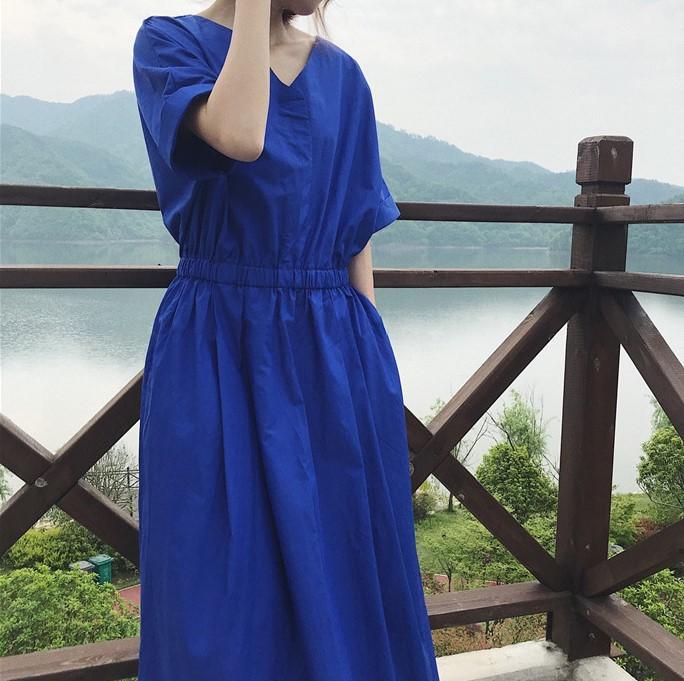 Age reduction dress summer new women s V-neck long belly dress women s dress S синий