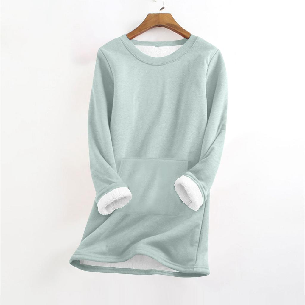 Women's Fashionable Solid Color Round Neck Long Sleeved Plush Warm Pullover Top