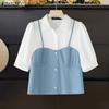 ZANZEA Women Casual Turn Down Collar Patchwork Short Sleeve Blouse