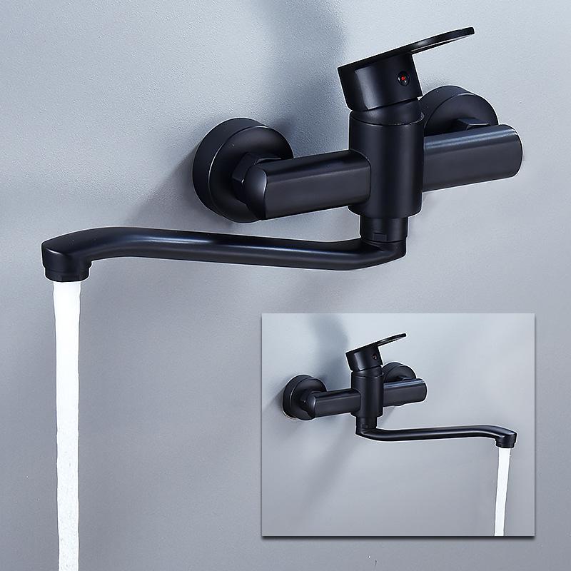 Bathroom Wall Mounted Long Mop Pool Faucet Hot and Cold Basin Faucet Kitchen Sink Faucet Balcony Wash Basin Tap Black