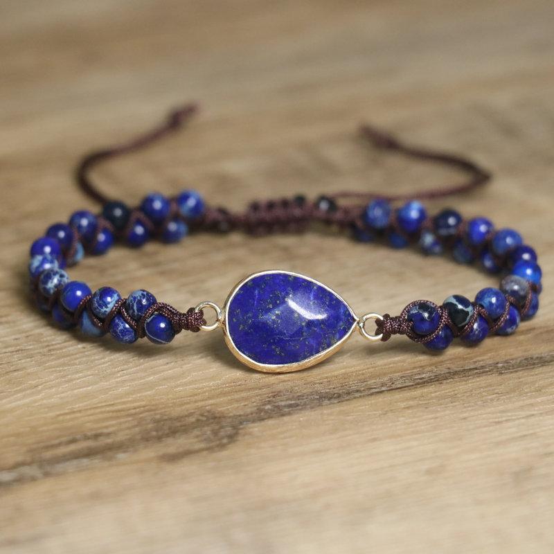 

Lapis Lazuli Teardrop Beaded Bracelet – Blue Stone Gold Accent Adjustable Boho Jewelry, Wisdom Protection Gift for Women синий